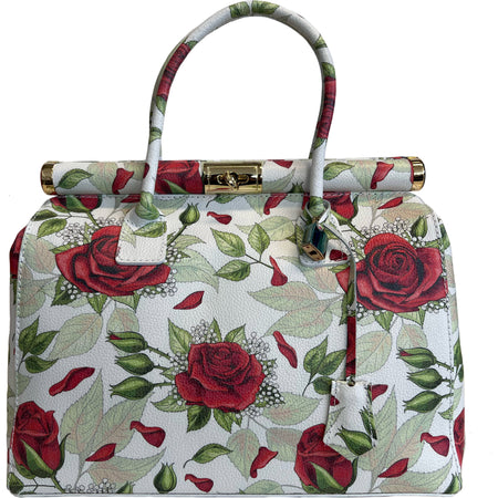 Modarno Handbag Borsa Donna a Mano Pelle con Tracolla Bauletto 35x28x16 cm (Fantasia Fiore)
