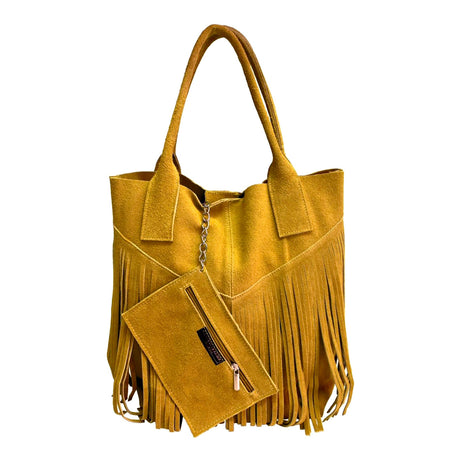 Modarno Borsa shopper da donna in vera pelle scamosciata con frangia più custodia per gioielli dello stesso colore