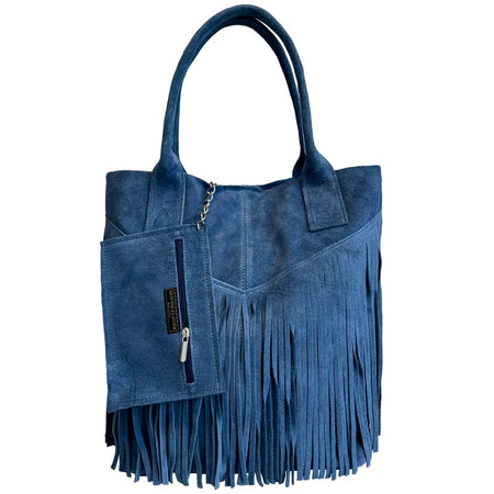 Modarno Borsa shopper da donna in vera pelle scamosciata con frangia più custodia per gioielli dello stesso colore