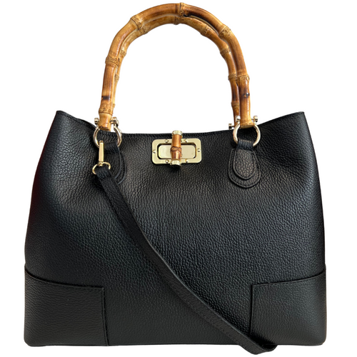 Modarno Borsa Donna in Vera Pelle con manico in vero bambù/Elegante e Minimal/Borsa di lusso Made in Italy