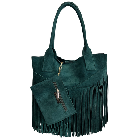 Modarno Borsa shopper da donna in vera pelle scamosciata con frangia più custodia per gioielli dello stesso colore