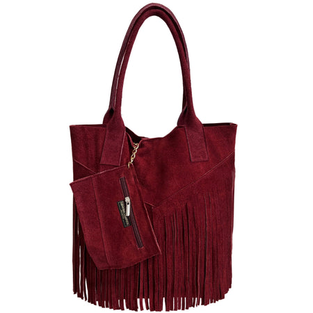 Modarno Borsa shopper da donna in vera pelle scamosciata con frangia più custodia per gioielli dello stesso colore