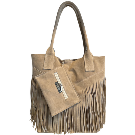 Modarno Borsa shopper da donna in vera pelle scamosciata con frangia più custodia per gioielli dello stesso colore