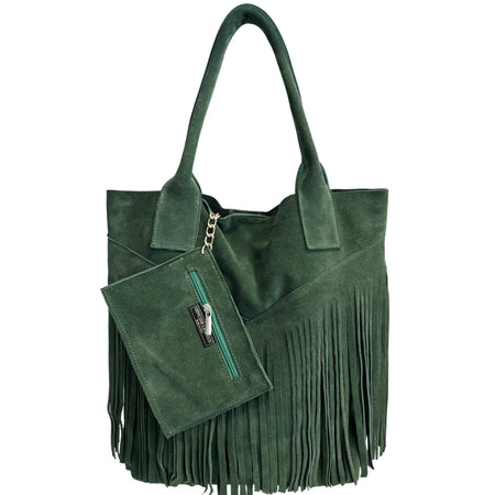 Modarno Borsa shopper da donna in vera pelle scamosciata con frangia più custodia per gioielli dello stesso colore