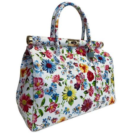 Modarno Handbag Borsa Donna a Mano Pelle con Tracolla Bauletto 35x28x16 cm (Fantasia Fiore)