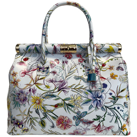 Modarno Handbag Borsa Donna a Mano Pelle con Tracolla Bauletto 35x28x16 cm (Fantasia Fiore)