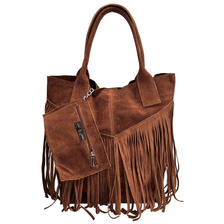 Modarno Borsa shopper da donna in vera pelle scamosciata con frangia più custodia per gioielli dello stesso colore