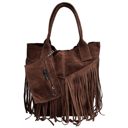 Modarno Borsa shopper da donna in vera pelle scamosciata con frangia più custodia per gioielli dello stesso colore