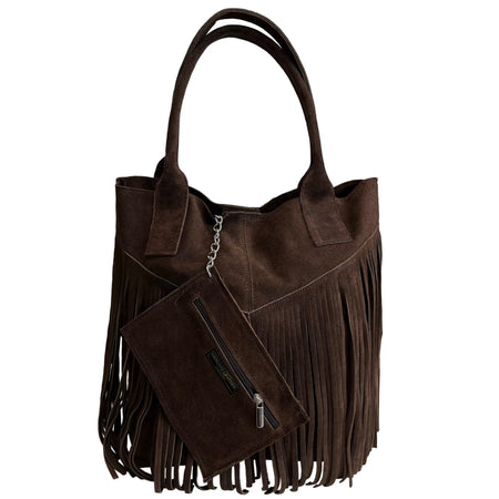Modarno Borsa shopper da donna in vera pelle scamosciata con frangia più custodia per gioielli dello stesso colore