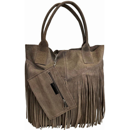 Modarno Borsa shopper da donna in vera pelle scamosciata con frangia più custodia per gioielli dello stesso colore