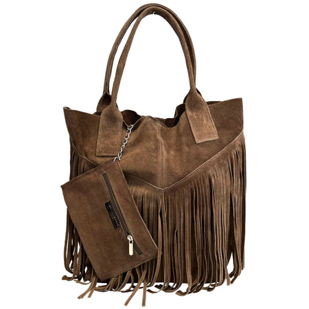 Modarno Borsa shopper da donna in vera pelle scamosciata con frangia più custodia per gioielli dello stesso colore