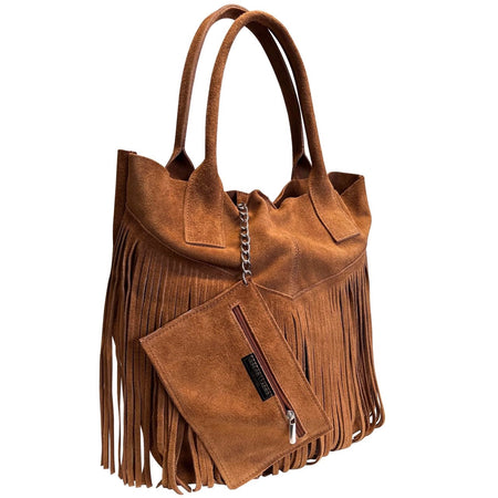 Modarno Borsa shopper da donna in vera pelle scamosciata con frangia più custodia per gioielli dello stesso colore