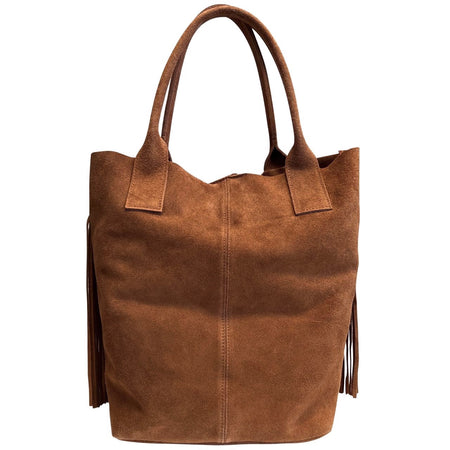 Modarno Borsa shopper da donna in vera pelle scamosciata con frangia più custodia per gioielli dello stesso colore