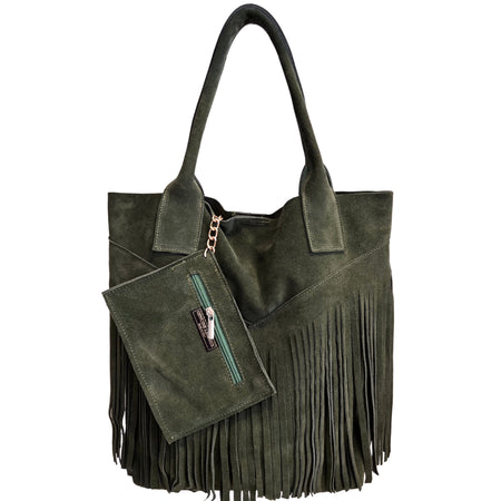 Modarno Borsa shopper da donna in vera pelle scamosciata con frangia più custodia per gioielli dello stesso colore