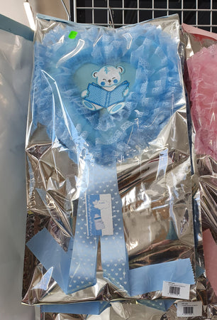 Fiocco Nascita Azzurro a forma di cuore,con orsetto, in pizzo