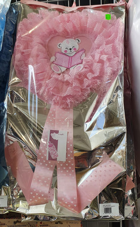 Fiocco Nascita Rosa a forma di cuore,con orsetto, in pizzo