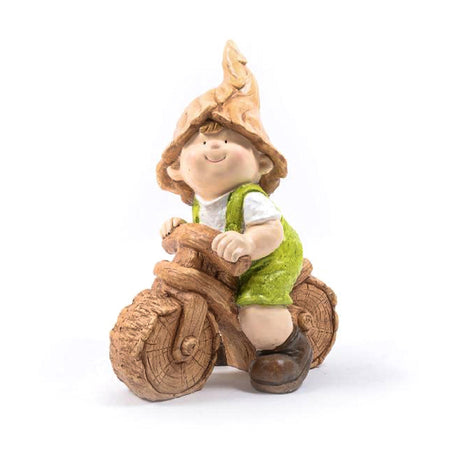 Nano su Bici Livio  da giardino per esterno in poliresina gnomo simpatico.