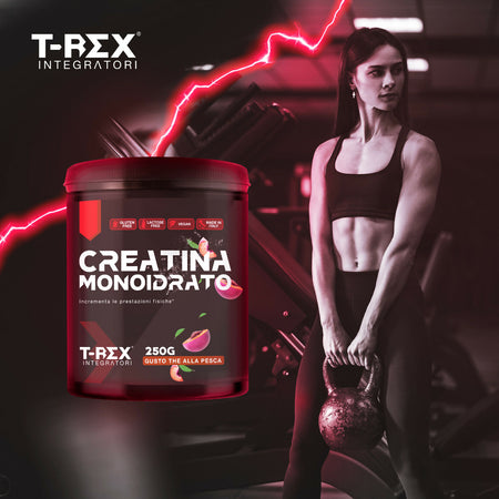 T-rex integratori creatina monoidrata - integratore alimentare per massa muscolare e boost energetico pre workout (thè alla pesca, 250 g)