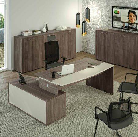 Scrivania con mobile in melaminico verniciato per ufficio cm. 186,5/206,5x135,7x74h