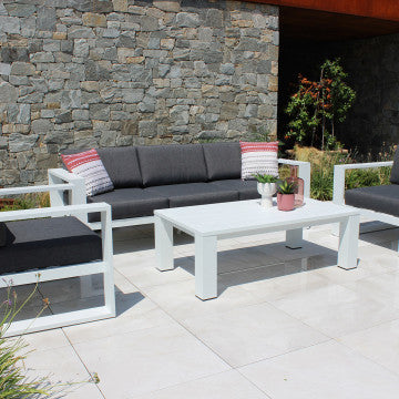 Salotto "Guadalupa" 3 poltrone con cuscini per esterno e giardino, in alluminio