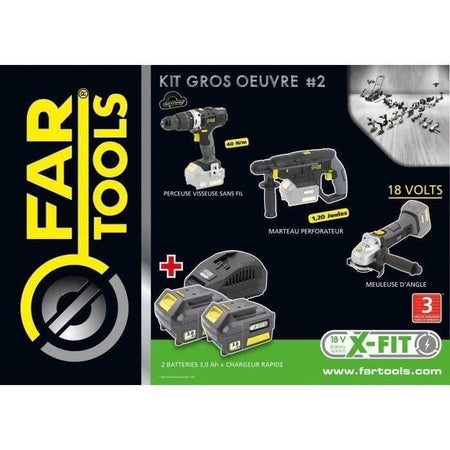 X-FIT PACK 'BIG WORK' 3 macchine 18V + 2 batterie 18V 3.0Ah: Trapano / Avvitatore + Martello Perfo + Smerigliatrice angolare