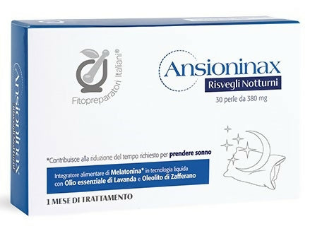 Ansioninax Risvegli notturni 30 perle. Integratore alimentare a base di Melatonina, con Olio essenziale di Lavanda e Oleolito di Zafferano.