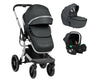 KIKKABOO Trio Completo IRENE, colore DARK GREY composto da Culla Navicella + Seggiolino Auto i-Size (40-87 cm) + Passeggino