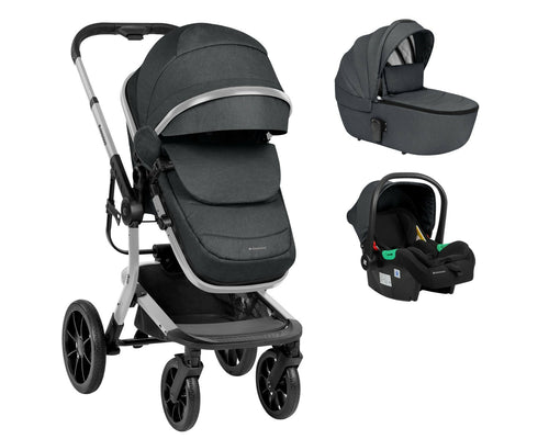 KIKKABOO Trio Completo IRENE, colore DARK GREY composto da Culla Navicella + Seggiolino Auto i-Size (40-87 cm) + Passeggino