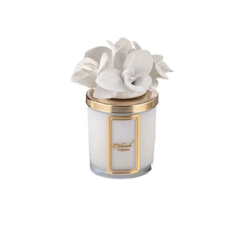 Candela Melaverde Orchidea bianca da 200gr in ceramica, fatta a mano, decorata artigianalmente, con scatola regalo elegante inclusa.