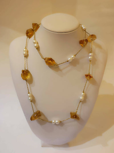 Collana oro, topazio citrino e perle di fiume Leaderline