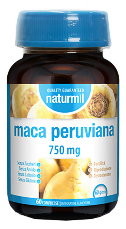 Maca peruviana 750mg Naturmil 60cpr. Integratore alimentare a base di maca peruviana e zinco a sostegno della fertilità, riproduzione e livelli normali di testosterone.