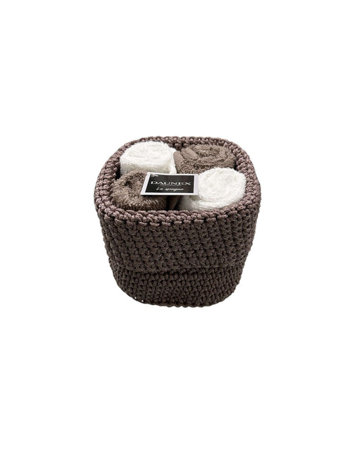 Set lavette Daunex Uncinetto 30x30 in spugna con cestino decorativo lavorazione effetto uncinetto, accessorio bagno raffinato.