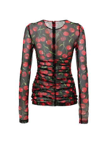 Dolce &amp; Gabbana Maglia a Manica Lunga in Tulle Nero Stampa Ciliegie da donna