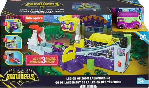 Fisher-Price DC Batwheels - Quartier generale di Lancio della Legion of Zoom, playset con con macchinina, rampa, lanciatore e Furgoncino Prank di Joker