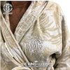 Accappatoio Roberto Cavalli Tropicalia taglia XXL, colore ivory, con cappuccio, fantasia tropicale, in spugna di cotone morbida, Made in Italy.