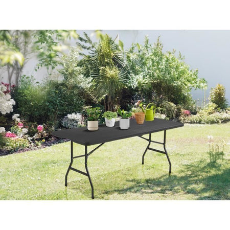 Tavolo reception pieghevole 8 persone 180x74 x73,5cm - Struttura in acciaio e piano in polietilene - Effetto resina intrecciata - Nero