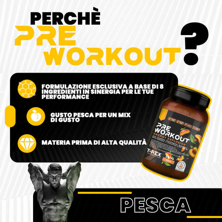 Integratore Pre Workout, Energy Drink Potente Con Creatina Monoidrata, Citrullina, Taurina, Arginina, Beta Alanina E Vitamine - Pre-allenamento Energia E Massa - Senza Caffeina, T-rex Integratori 250g Aroma pesca