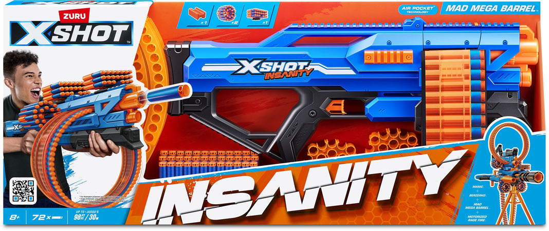 Blaster rotante - ZURU - XSHOT Insanity Mad Mega Barrel - Blaster con canna da 72 dardi e portata di 27 metri