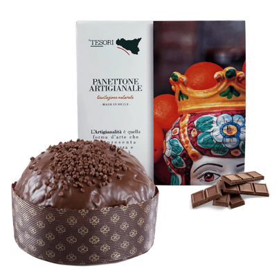 Tesori di sicilia panettone artigianale al cioccolato 1kg, scatola siciliana a donna elisabetta panettone a lievitazione naturale, idea regalo natale