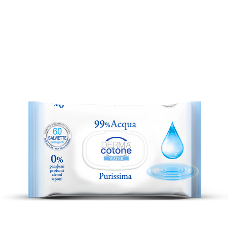 DERMACOTONE Water 99% Acqua Purissima - Salviettine Delicate Detergenti - alta qualità - per pelli sensibili - dermatologicamente testato - 12 pacchi da 60 salviettine - 720 salviettine