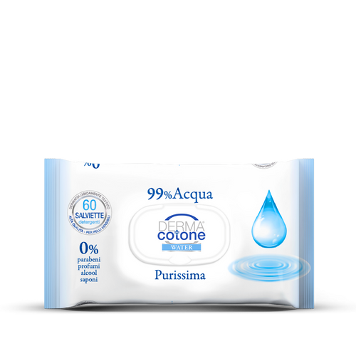 DERMACOTONE Water 99% Acqua Purissima - Salviettine Delicate Detergenti - alta qualità - per pelli sensibili - dermatologicamente testato - 12 pacchi da 60 salviettine - 720 salviettine