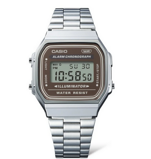 Orologio Casio,A168WA-5AY, serie vintage unisex, colore argento e marrone