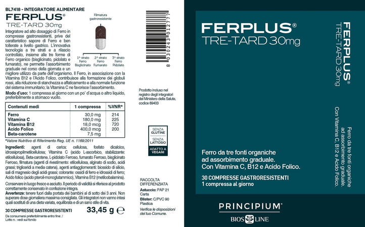 BIOS LINE Principium FerPlus Tre-Tard, Integratore Alimentare in Compresse Gastroresistenti a Rilascio Graduale, Alto Dosaggio di Ferro, 30 Cpr
