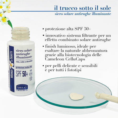 Helan Monoï de Tahiti - Siero Viso Antirughe Idratante con Vitamina C e E, Skincare con Protezione Solare 50+ Viso Tutela Collagene contro Luce Blu, Siero Illuminante Viso Make Up Skin Care 2in1 30 ml - Naturopatica shop & therapy