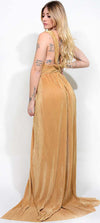 Abito Cerimonia DonnaOro Vestito Lungo Oro Scollato a V Gonna Ampia in Tessuto Plissè Schiena Scoperta Made in Italy Moda/Donna/Abbigliamento/Vestiti/Cocktail You Store - Messina, Commerciovirtuoso.it