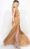 Abito Cerimonia DonnaOro Vestito Lungo Oro Scollato a V Gonna Ampia in Tessuto Plissè Schiena Scoperta Made in Italy Moda/Donna/Abbigliamento/Vestiti/Cocktail You Store - Messina, Commerciovirtuoso.it