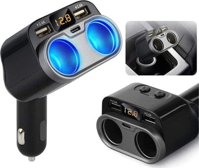 Adattatore 80W Presa Auto 2 prese Accendisigari 1 tipo C 2 porte USB Diplay Digitale