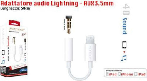Adattatore Audio Lightning A Jack Aux 3,5mm Per Ipod Iphone Ipad Maxtech Ad-ip01 Elettronica e telefonia > Telefonia Fissa e Mobile > Accessori Smartphone > Cavi Smartphone Trade Shop italia - Napoli, Commerciovirtuoso.it