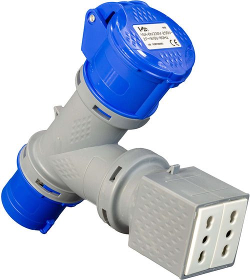Adattatore Industriale monofase - Spina CEE 16A - 1 Presa CEE 16A e 2 Bipasso 16A 250V
