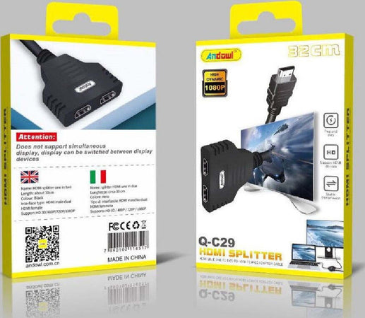 Adattatore Splitter Hdmi Maschio A 2 Hdmi Femmina 32 Cm Supporta Hd 1080p Q-c29 Elettronica/Home Cinema TV e video/Accessori/Cavi/Cavi HDMI Trade Shop italia - Napoli, Commerciovirtuoso.it